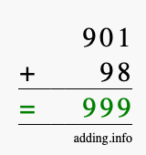 Calculate 901 + 98 using long addition