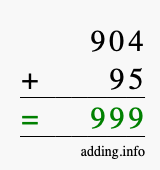 Calculate 904 + 95 using long addition