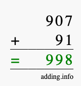 Calculate 907 + 91 using long addition