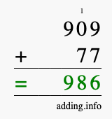 Calculate 909 + 77 using long addition