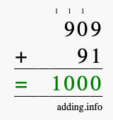 Calculate 909 + 91 using long addition