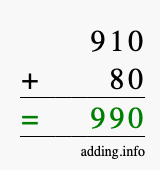 Calculate 910 + 80 using long addition
