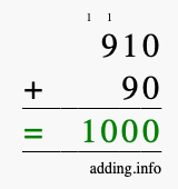Calculate 910 + 90 using long addition