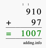 Calculate 910 + 97 using long addition