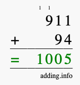 Calculate 911 + 94 using long addition