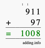 Calculate 911 + 97 using long addition