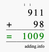 Calculate 911 + 98 using long addition