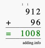Calculate 912 + 96 using long addition