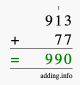 Calculate 913 + 77 using long addition