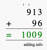 Calculate 913 + 96 using long addition
