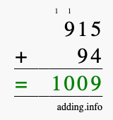 Calculate 915 + 94 using long addition