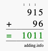 Calculate 915 + 96 using long addition