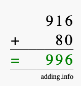 Calculate 916 + 80 using long addition