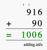 Calculate 916 + 90 using long addition