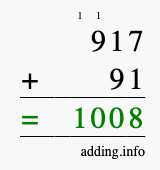 Calculate 917 + 91 using long addition