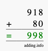 Calculate 918 + 80 using long addition