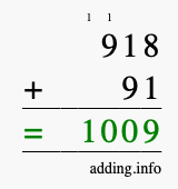 Calculate 918 + 91 using long addition
