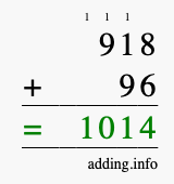 Calculate 918 + 96 using long addition