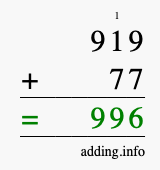 Calculate 919 + 77 using long addition