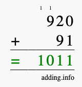Calculate 920 + 91 using long addition