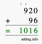 Calculate 920 + 96 using long addition