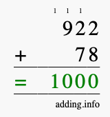Calculate 922 + 78 using long addition