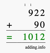 Calculate 922 + 90 using long addition