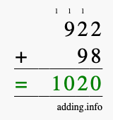 Calculate 922 + 98 using long addition