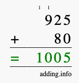 Calculate 925 + 80 using long addition