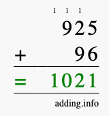 Calculate 925 + 96 using long addition