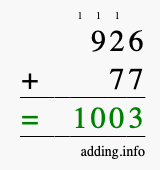 Calculate 926 + 77 using long addition
