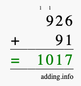 Calculate 926 + 91 using long addition