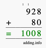 Calculate 928 + 80 using long addition