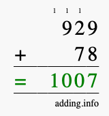 Calculate 929 + 78 using long addition