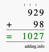 Calculate 929 + 98 using long addition