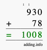 Calculate 930 + 78 using long addition