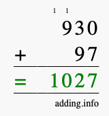 Calculate 930 + 97 using long addition