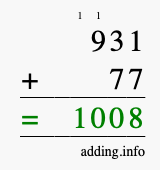 Calculate 931 + 77 using long addition