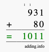 Calculate 931 + 80 using long addition