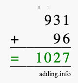 Calculate 931 + 96 using long addition