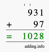 Calculate 931 + 97 using long addition