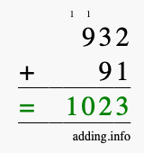 Calculate 932 + 91 using long addition