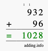 Calculate 932 + 96 using long addition
