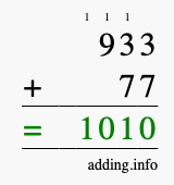 Calculate 933 + 77 using long addition