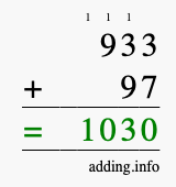 Calculate 933 + 97 using long addition