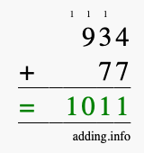 Calculate 934 + 77 using long addition