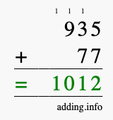 Calculate 935 + 77 using long addition