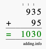 Calculate 935 + 95 using long addition