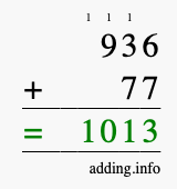 Calculate 936 + 77 using long addition