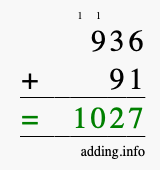 Calculate 936 + 91 using long addition